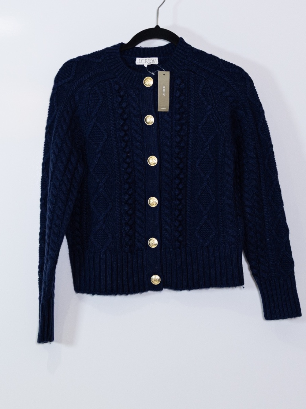 NEW J. Crew Wool Blend Cable Knit Collarless Cardigan Sweater Navy Blue Small